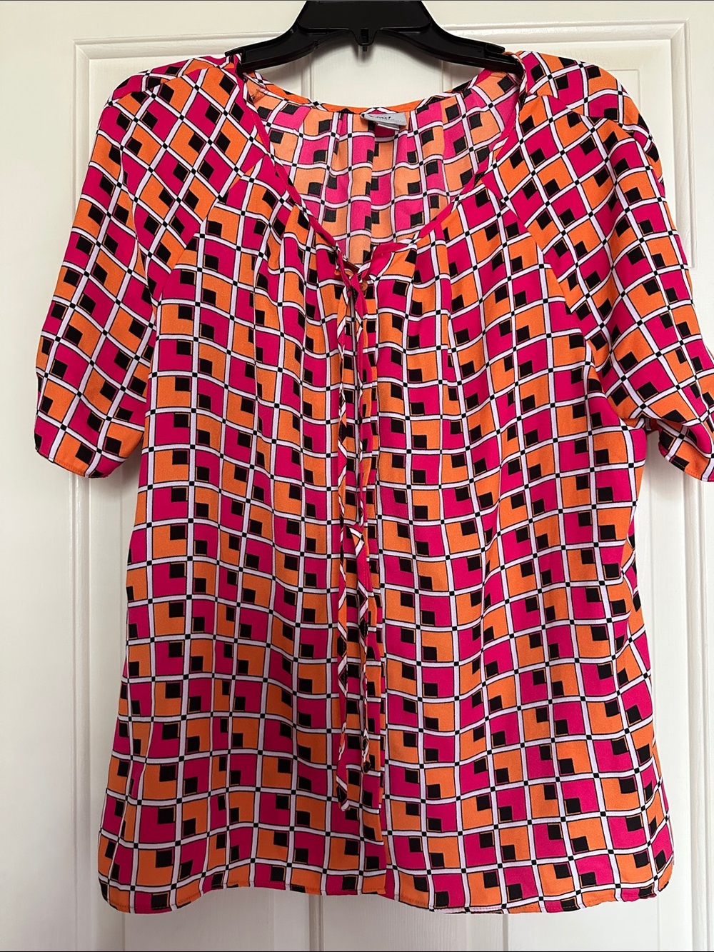 Worthington Pink & Orange Geometric Tie-Front Blouse